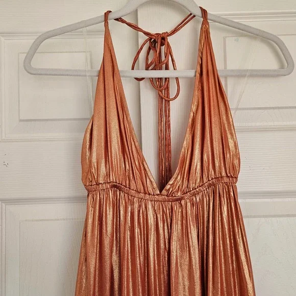 Sundress REVOLVE Metallic Copper Halter Maxi Dress Plunging V-Neck Slit Bronze S - Picture 3 of 8